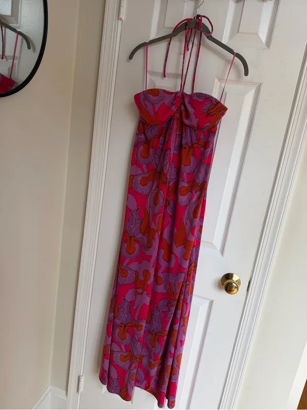 Tibi Iris Ikat Floral Padded Halter Maxi Dress Pink XS - Image 4