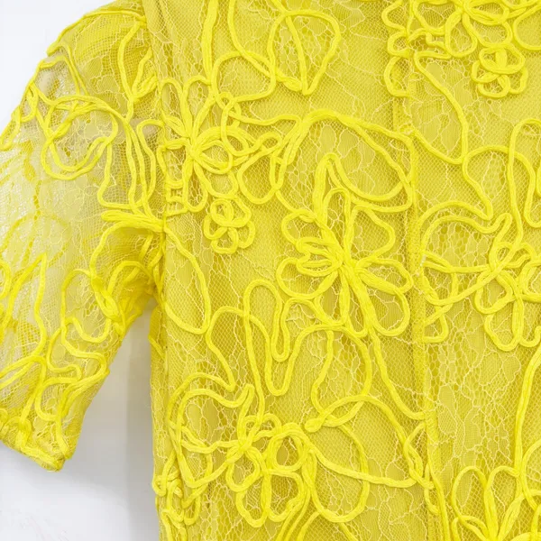 Zara Womens Blogger Fave Yellow Floral Lace‎ Ruched V-Neck Bodycon Midi Dress S - Image 9