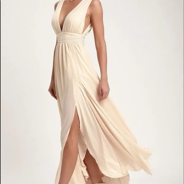 Lulus Heavenly Hues Cream Maxi Chiffon Dress Sz Medium Wedding‎ Bridesmaid Gala - Image 12