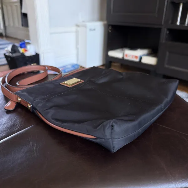 Calvin Klein Crossbody Bag Womens Medium Black Nylon Brown Trim Zip Pocket - Image 10