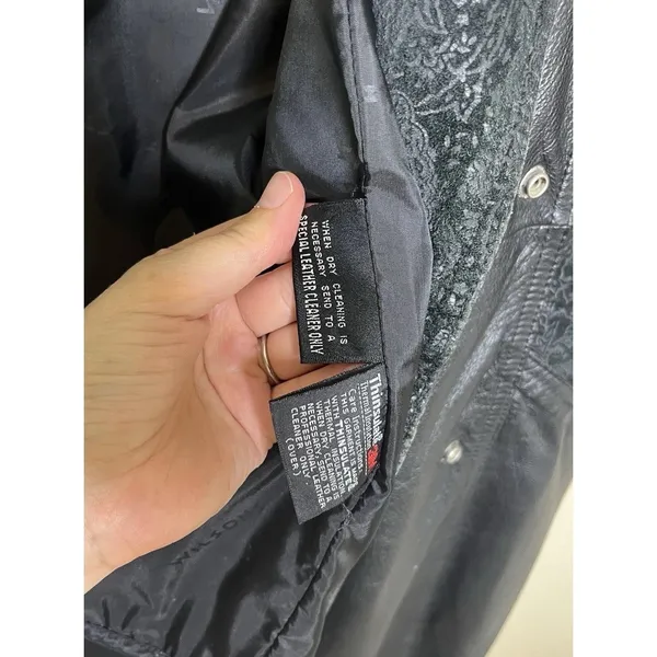 Women's Leather Coat Long Trench Black Patchwork Gothic Print Whimsigoth Moto 80 - Image 9