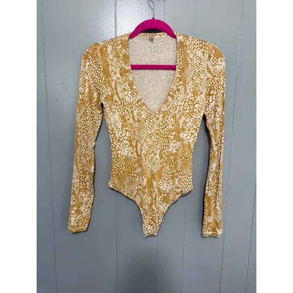 Free People X REVOLVE Maize Gotcha Yellow Animal Print Long Sleeve Bodysuit S - Image 2