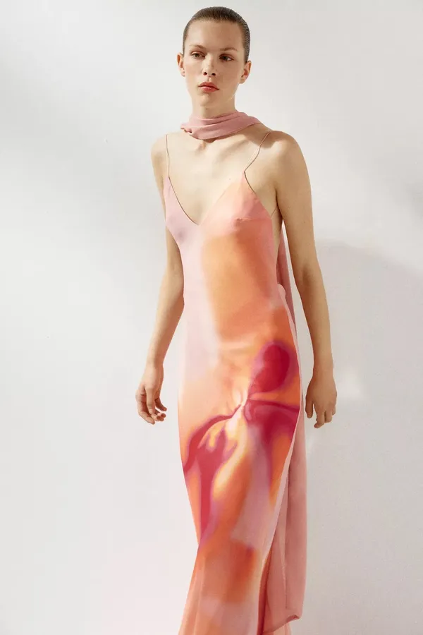 Zara Elegant Pink and Orange Maxi Dress scarf evening party wedding - Image 15