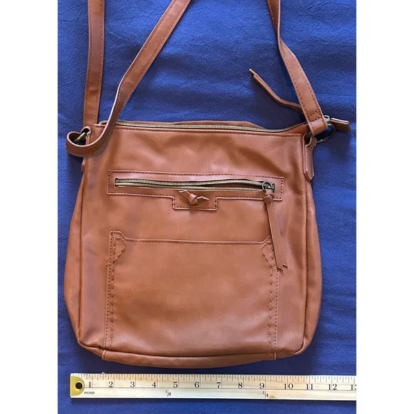 Cognac Brown Faux Leather Crossbody Bag with Whipstitch Detail and Multi Pockets - Image 2