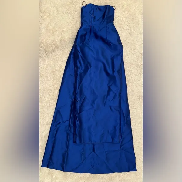 NEW Alfred Sung Strapless Satin Twill Column Gown w/ Removable Train sz 8 Blue - Image 4