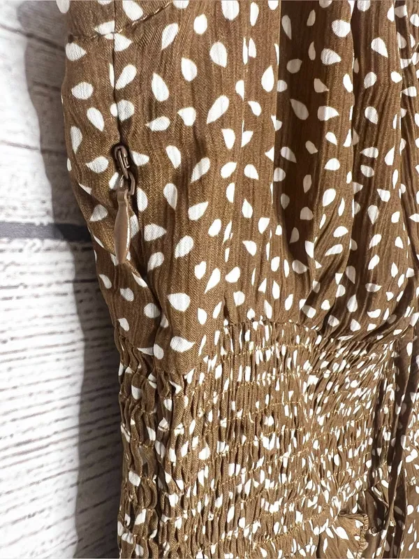 Brown & White Polka Dot Smocked Sleeveless Mini Dress with Ruffle Hem Size Small - Image 7