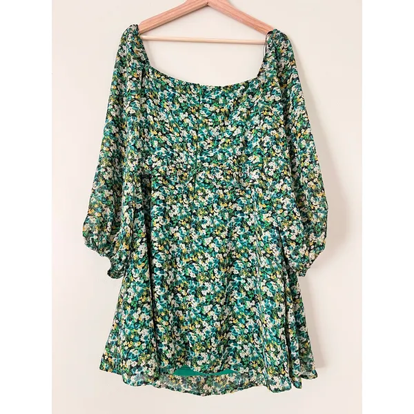 Lulus Forsythia Green Floral‎ Print Long Sleeve Tie-Front Women's Dress Large - Image 7