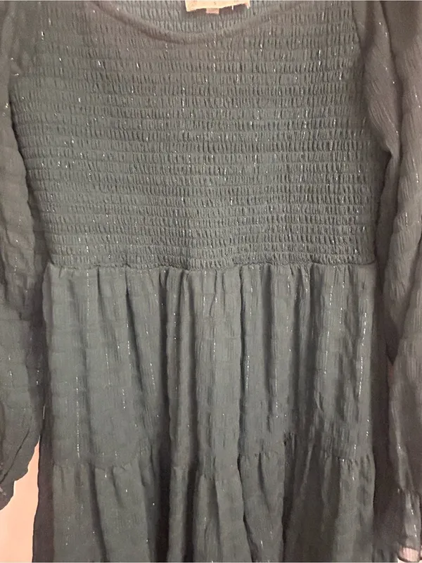 Altar’d State Green Smocked Tiered Dress Sheer Long Sleeve Shimmer Boho S - Image 5