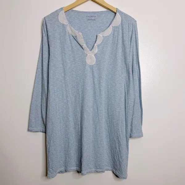 Talbots Cotton Tunic Beaded Neckline White/Blue Striped Large‎ Coastal Casual - Image 2