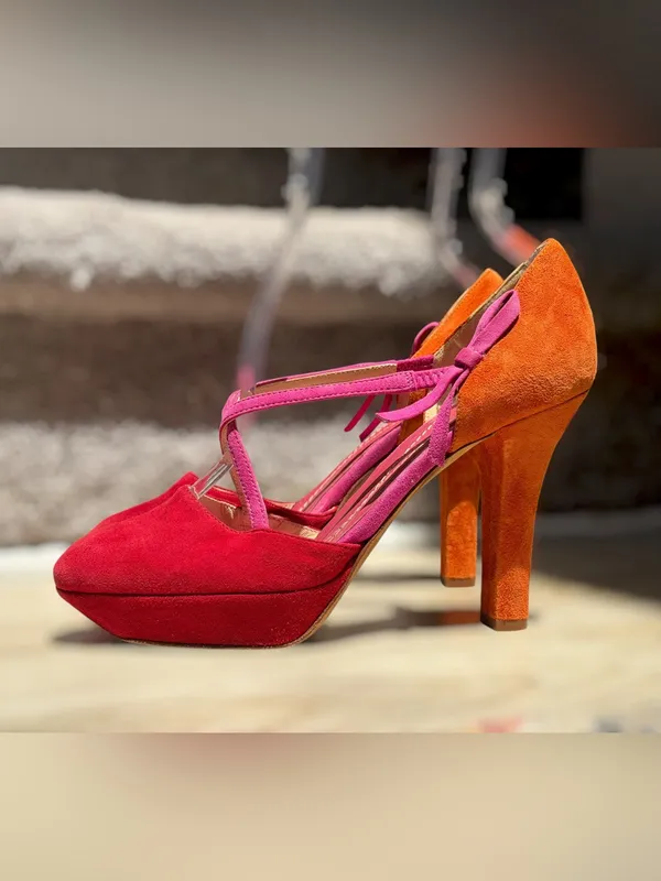 Kate Spade New York Colorblock‎ Suede D’Orsay Platform Pumps Bow Heels Pin Up - Image 3