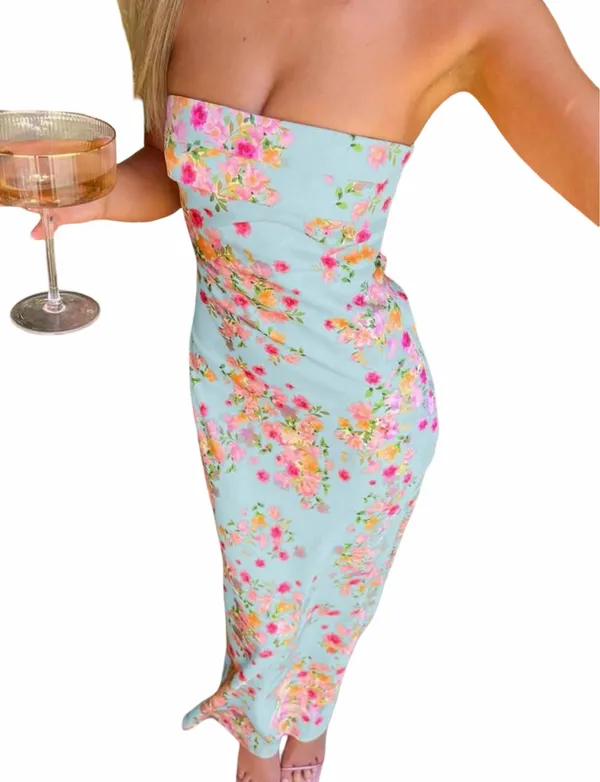 Boutique Light Blue Floral Strapless Maxi Dress - Image 3