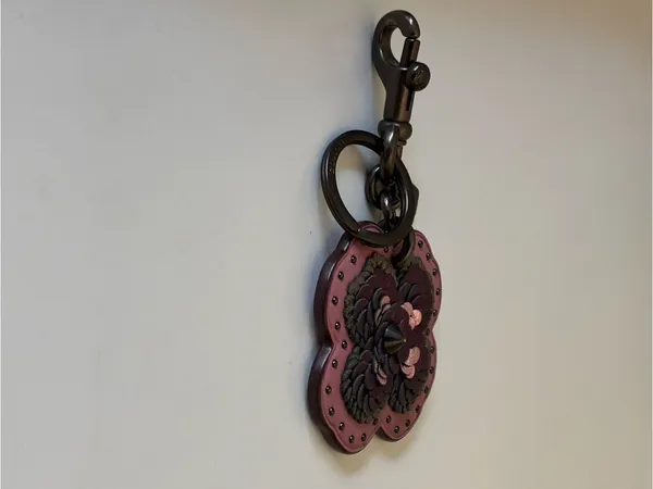 Coach Leather Sequin Applique Tea Rose Key Ring Bag Charm, Pink / Purple, 32677 - Image 8