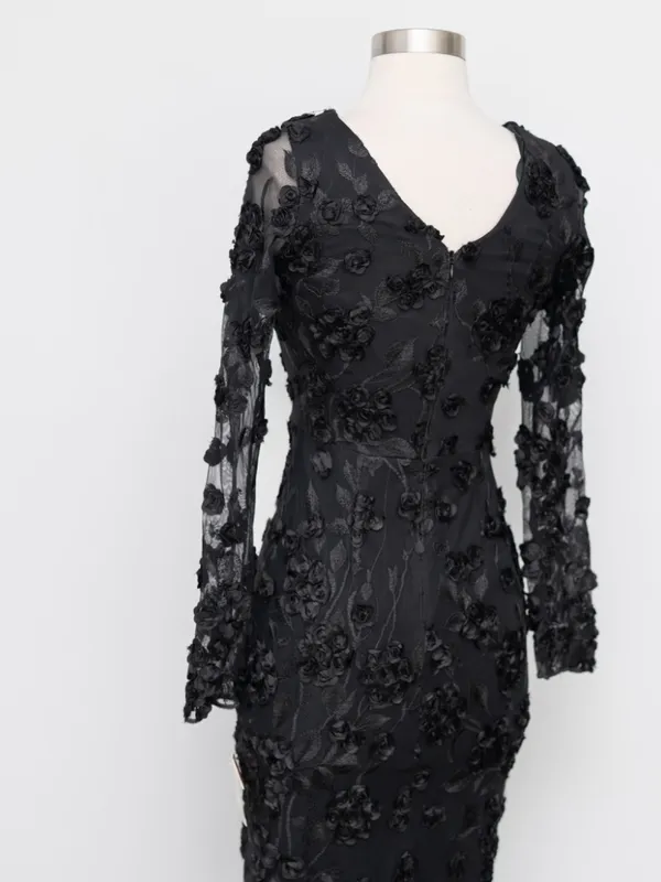 AQUA Formal - Black 3D‎ Floral Appliqué Sheer Sleeve Midi Dress - Image 10