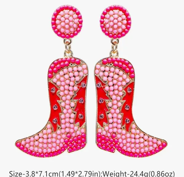 Beaded Cowgirl Boot Glitter Rhinestone Western Vibrant Pink Beaded Earrings - Image 2