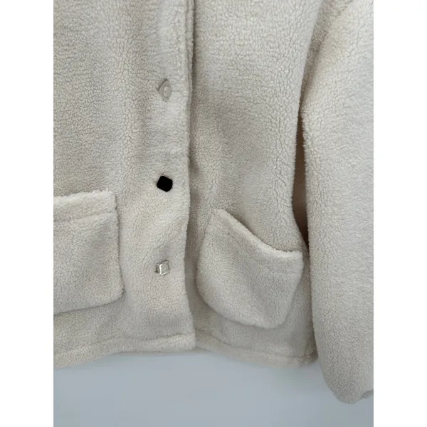 Dazy‎ White Sherpa Button Front Jacket Women Small Patch Pockets Cozy Teddy Coat - Image 3