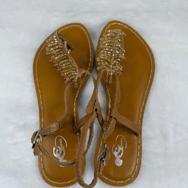 GC Shoes Andrea Beaded T-Strap Slingback Sandals Tan Gold Womens Size 7 Flat‎ - Image 5