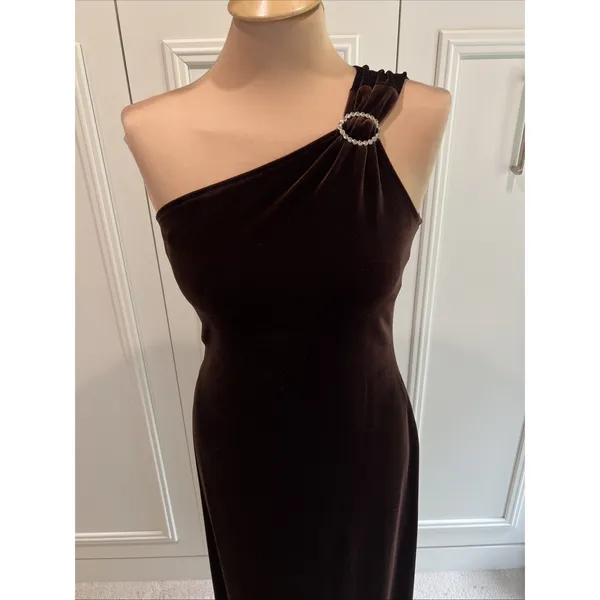 Patra Chocolate Brown Velvet One Shoulder Formal Dress Old Hollywood Elegant - Image 2