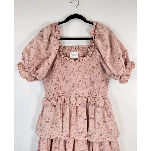 Hyacinth House Womens Dress Beige Mini Floral Smocked Ruffle Puffed A Line Large - Image 6
