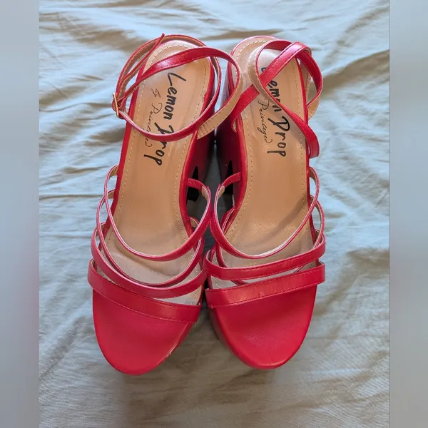 Lemon Drop by Privileged Tornado Strappy Platform Heels W7 Lipstick Red - Image 2