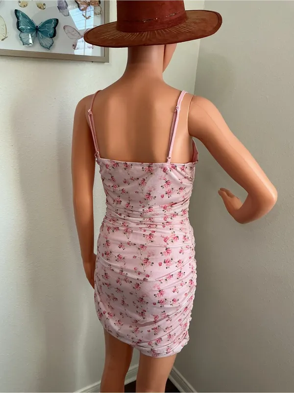 SheIn Pink Floral Ruched Spaghetti Strap Mini Dress - Image 2