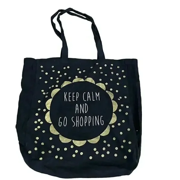 Keep Calm And Go Shopping Graphic Cotton Black Gold Tote Bag One SZ #1115 - Image 2