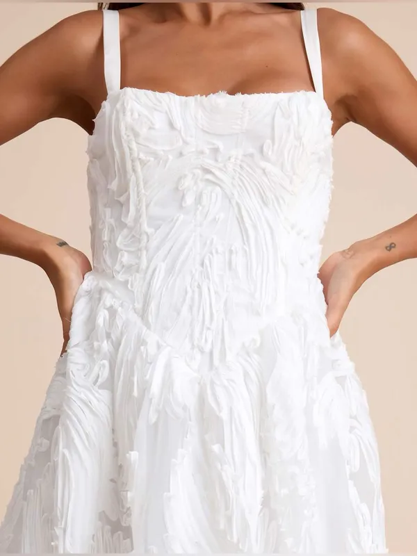 LULU’S Perkins White Textured Lace-Up Corset Midi Dress - Image 3