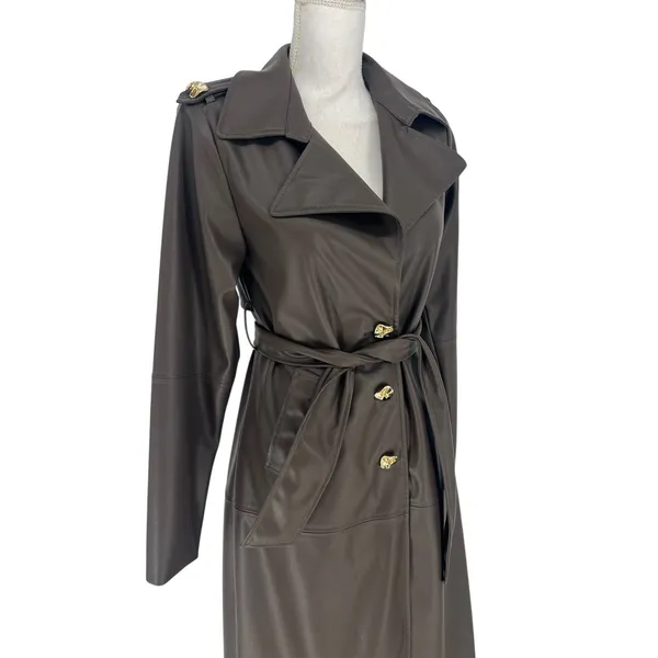 Wyld Blue Faux‎ Leather Trench Coat Dark Chocolate Size XS - Image 10