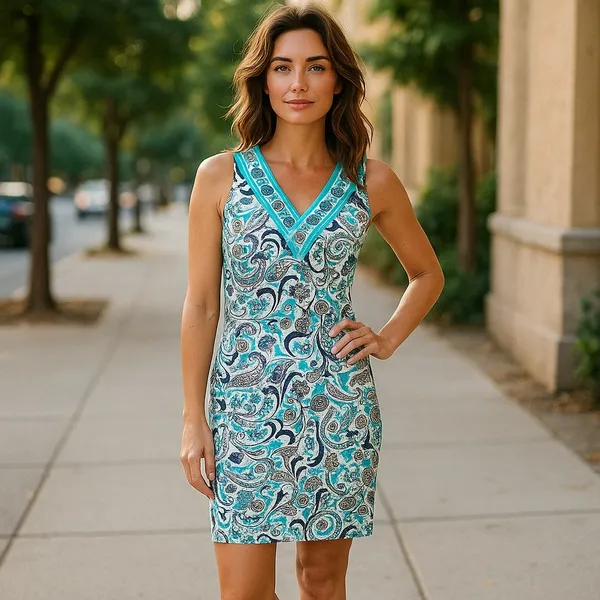 Tracy Negoshian Womens Dress Size XS Teal White Print Tank Bright Bold Preppy‎ - Image 2