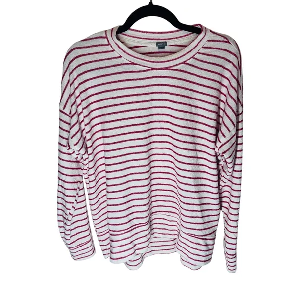 Aerie Small Red White Textured Striped Oversized Drop Shoulder Sweatshirt - Image 2