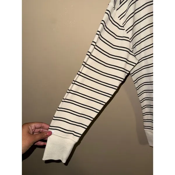 Maurices Womens Cream Black Striped Henley Snap Button Sweatshirt L Relaxed - Image 4