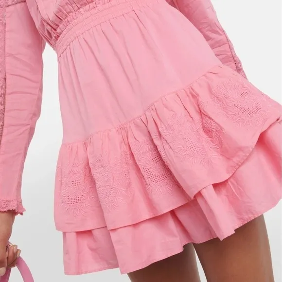LoveShackFancy Sanaya Dress XL Vivid Pink‎ Long Sleeve Ruffle Tiered Lace Trim - Image 4