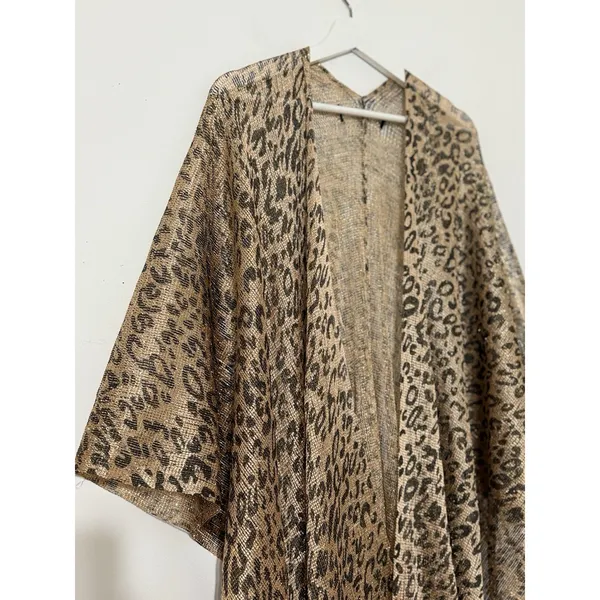 Women’s Leopard Print Fringe Kimono Gold Metallic Mesh Boho Cover-Up One Size - Image 6