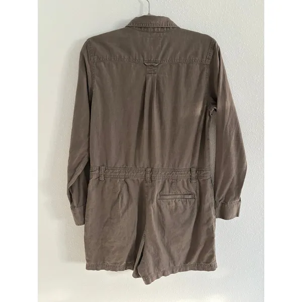 Lands End Jumpsuit Womens 8‎ Brown Linen 3" Shorts Utility Long Sleeve Romper - Image 2