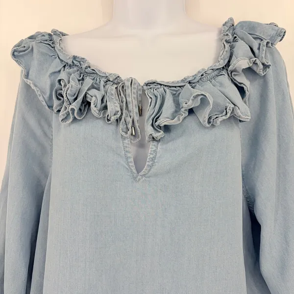 Lauren Ralph Lauren Chambray Womens Top Sz M Ruffle Peasant Boho Coastal Cottage - Image 3