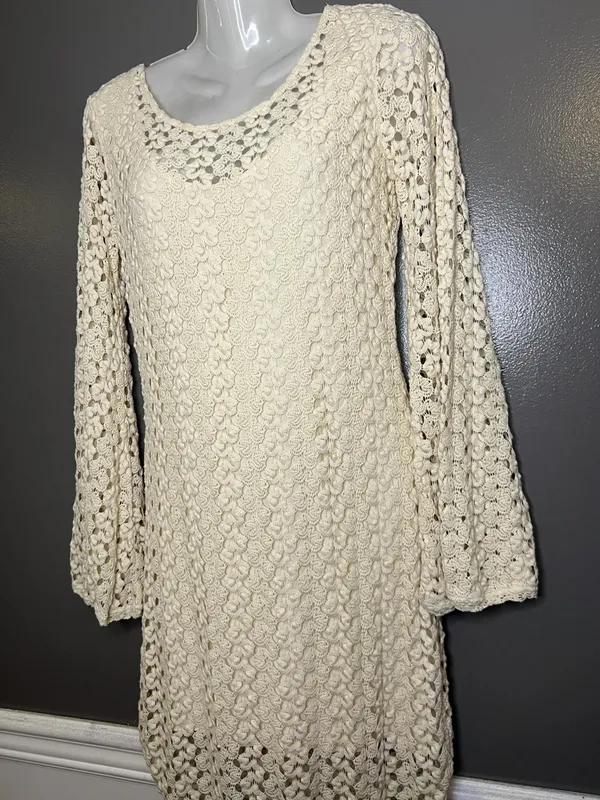 Free People Sweater Dress Womens Medium White Crochet Bell Sleeve Boho Mini - Image 5