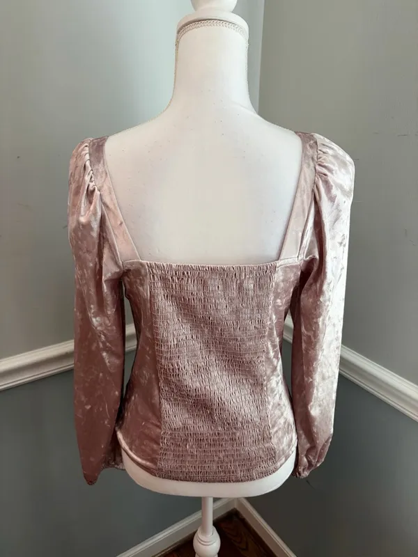 Anthropologie Jasmina Velvet Top Blush Pink Square Neck Puff Sleeve Smocked Back - Image 5