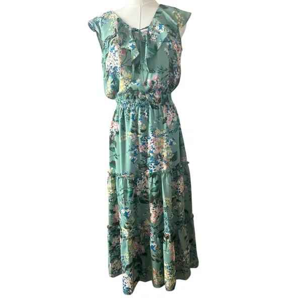 Lauren Conrad Dress Boho Fairy Green Floral Ruffle Layered Cinched Waist SZ SM - Image 2