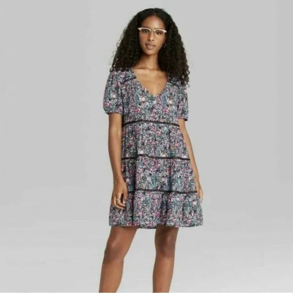 Wild Fable Floral Print Short Sleeve Tiered‎ Babydoll Flowy Mini Dress Siize XS - Image 4