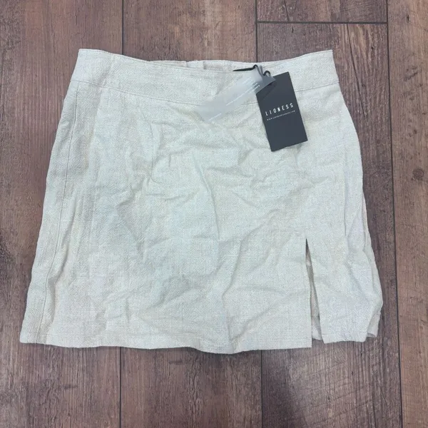 Lioness The Lola Mini Skirt Womens Small Oatmeal Linen Blend Side Slit Retro NWT - Image 3