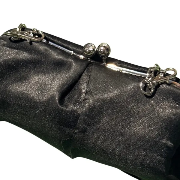 Nine West Black Satin Pleated Evening Clutch Rhinestone Kiss Lock Chain Strap - Image 3