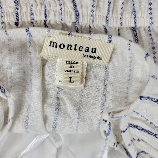 Monteau Los Angeles Linen Maxi Sundress Large White Blue Striped Rayon Slit - Image 7