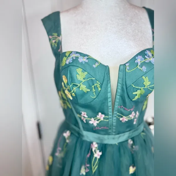 Green Embroidered Tulle Corset Mini Dress 12 Fairycore Prom Homecoming Formal - Image 2