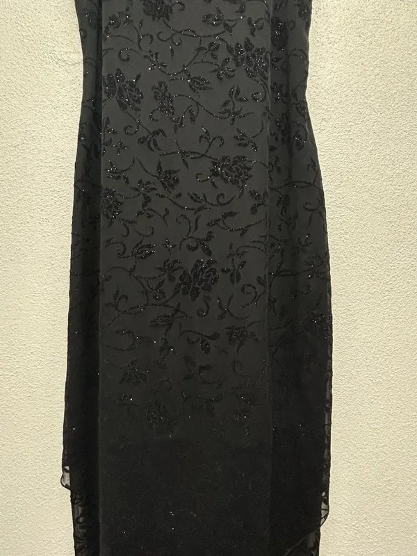 Vtg Black Velvet Burnout Midi Dress Medium Floral handkerchief hem Whimsigoth - Image 14