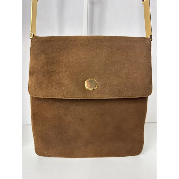 Prestige Vintage suede brown bag with gold hardware & flap closure - Image 8