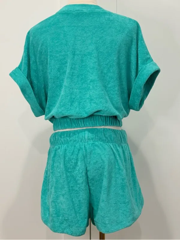 Elan Terry Cloth Matching Set Crop Top Shorts Teal Small Medium Beachy Resort - Image 3