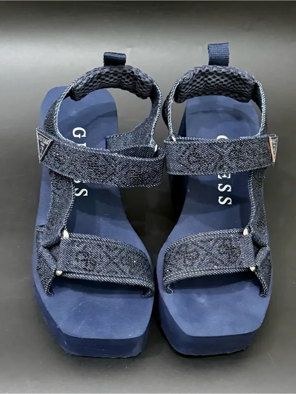 GUESS Dawsin Denim Rhinestone Embellished Straps EVA Soles Wedge Sandals Size 6 - Image 4