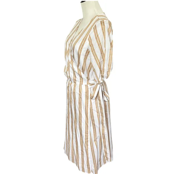 Ann Taylor Striped Midi Wrap Dress Sz M White Brown Puff Sleeves Coastal Chic - Image 5