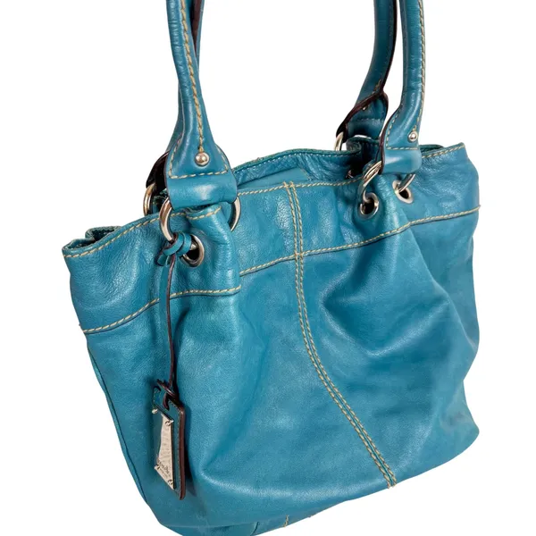 Tignanello Teal Blue Leather Tote Bag Satchel Striped Satin Lining Boho Slouchy - Image 2