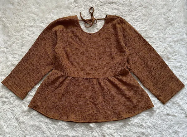 Madewell Blouse Peplum Open-Back Top Brown S - Image 4