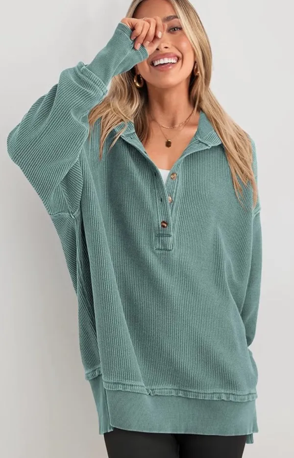 Amazon Womens Oversized Long Sleeve Hoodie Button Down V Neck Sweatshirt - Image 3